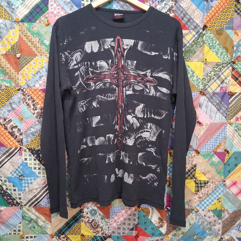 Vintage Y2K MMA Elite Thermal Knit Long Sleeve Cross Black Shirt Size Large
